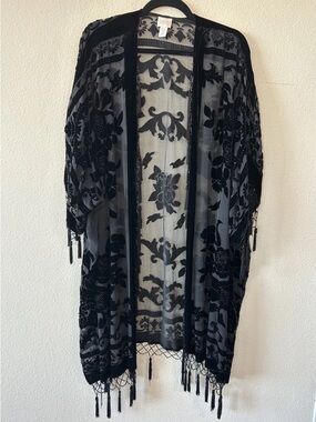 VTG Black Velvet Burnout Kimono Fringe Beaded Goth Boho Whimsigoth Festival Silk